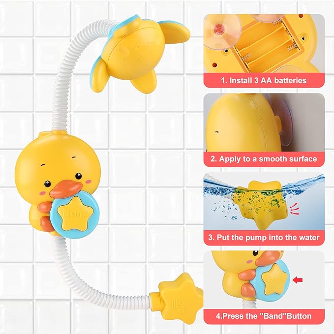 Baby Bath Toys, Electric Duck Water Pump with Hand Shower Sprinkler, Water Squirt Faucet with Suction Cups, Fun Bathtub Shower Game for Boys and Girls