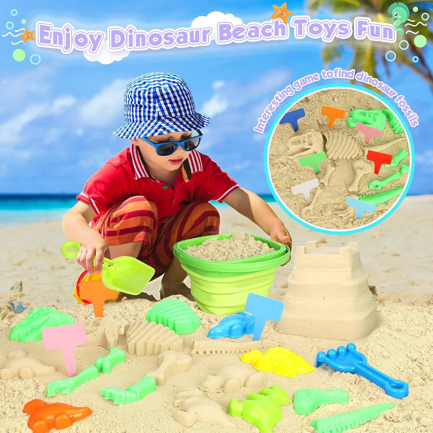 Beach Toys Sand Toys, Dinosaur Sand Toys with Collapsible Beach Bucket and Mesh Bag, Dinosaur Sand Molds, Shovel and Rake, Sandbox Toys for Toddlers, Travel Beach Toys for Kids 3-10