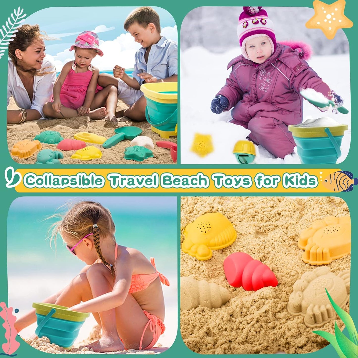 Beach Toys, Sand Toys Set, Includes Collapsible Sand Bucket Shovel and Sand Rake Toys for Beach 12 PCS, Sandbox Toys Sandcastle Building Kit with Waterproof Net (A)  for Kids