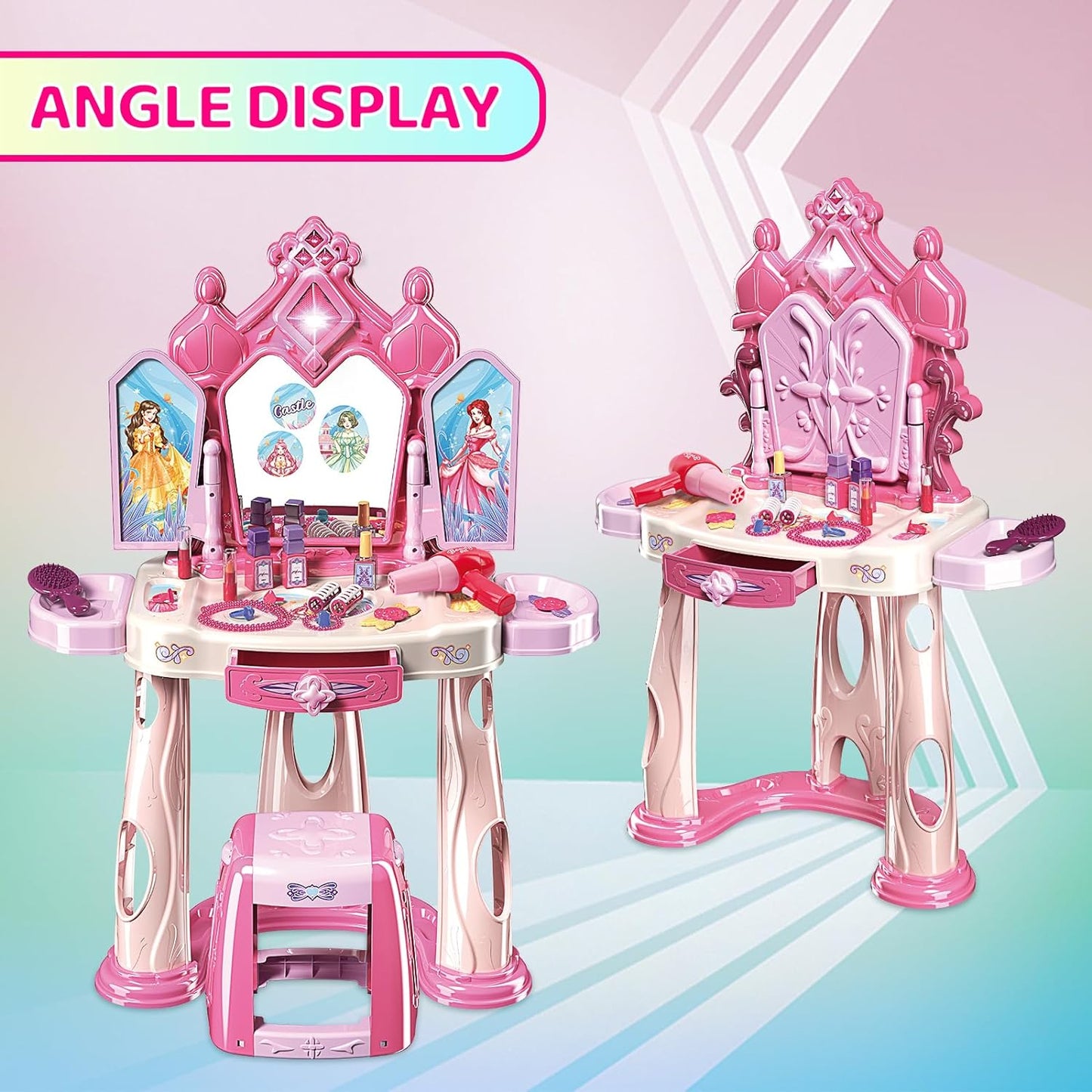 Pretend Play Girls Makeup Table Set with Stool?Open Doors by Gestures?Kids Vanity Set with Lights and Music?Toddler Beauty Salon Set with Makeup Accessories & Hair Dryer?Toy for Toddlers 2-5 Years Old