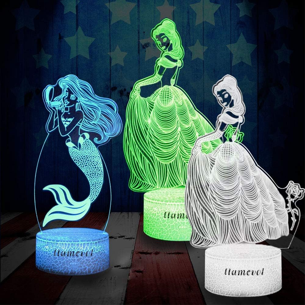 Night Lights, Mermaid Beauty Princess Night Lights, Christmas Gifts Birthday Dimmable Remote Led 3D Illusion Lamp Set, for Boys Girls Toddlers Adults - Toyigo