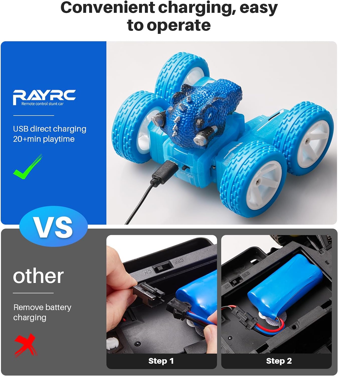 Dinosaur Remote Control Stunt Car, Stunt Car with One Key Demo, 360øRotation, Electric Hobby RC Car, Tyrannosaurus for 3 4 5 6 7 8 Year olds Kids Boys Girls-Blue - Toyigo