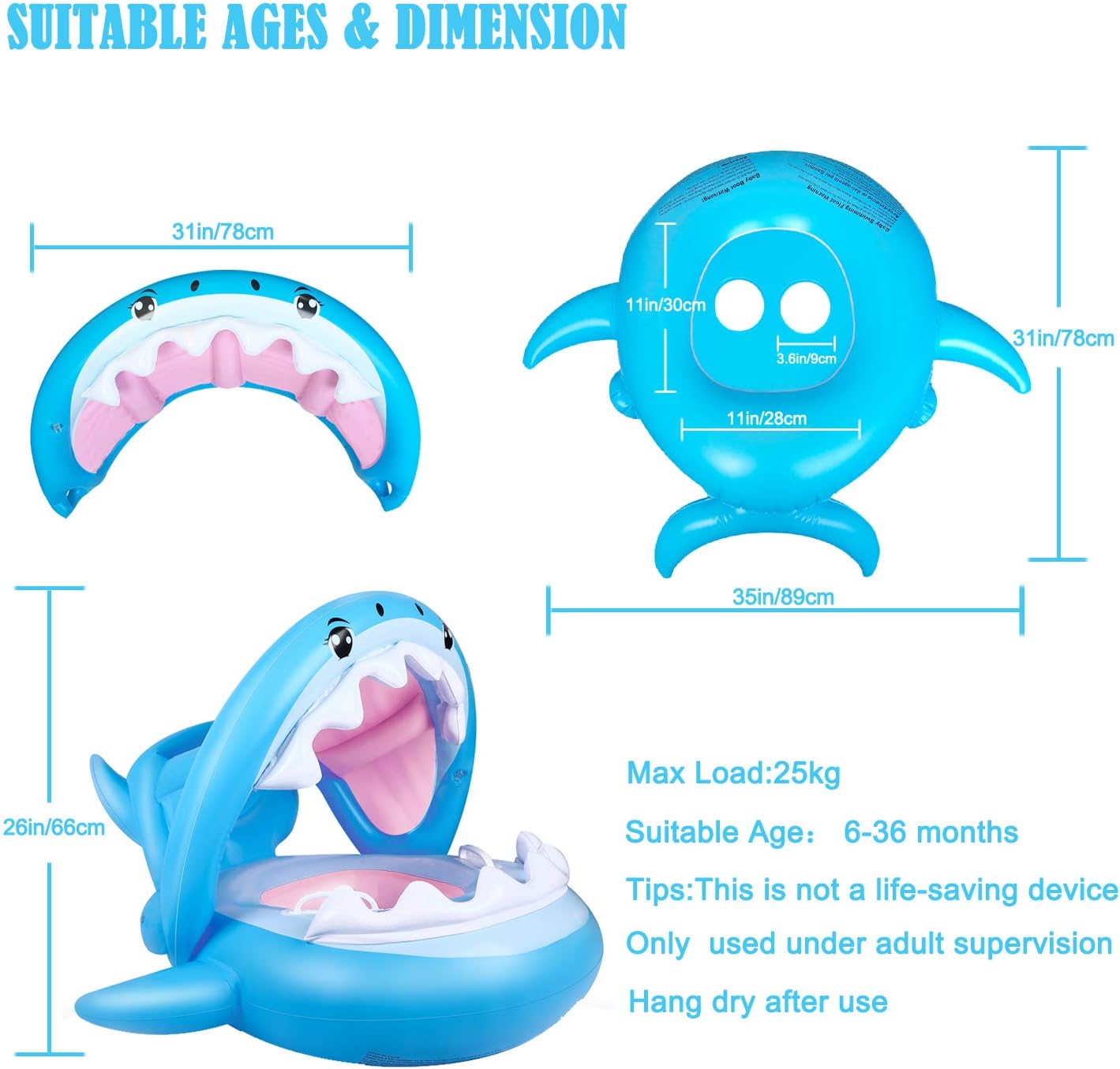 Baby Float Swimming Pool, Toddler Floaties with Inflatable Canopy Shark Infant Pool Float Aged 6-36 Months for Kids