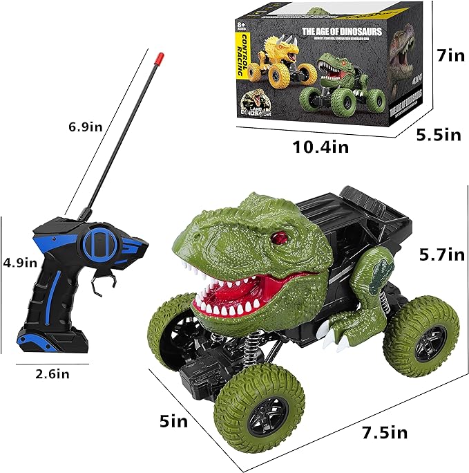 Remote Control Dinosaur Car, 2.4Ghz All Terrain Remote Control Dinosaur Truck with Light, Rechargeable 4WD Off Road RC Car Toys for Kids - Toyigo