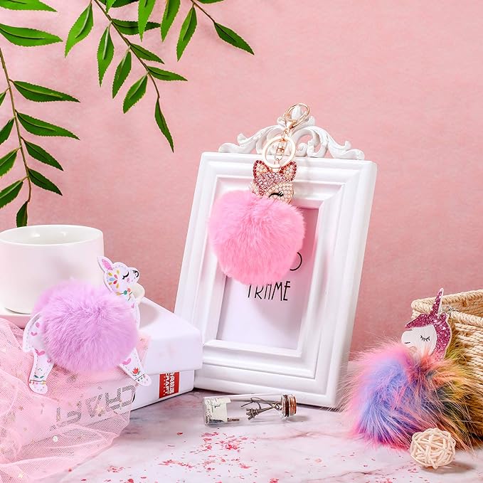 Animal Pom Pom Keychain Cute Fluffy Key, 3 Pieces Ring Unicorn Keychain for Women Bag Accessories