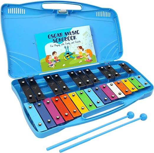 Glockenspiel Xylophone, 25 Note Colorful Metal Keys Xylophone for Kids, Percussion Musical Instrument, Includes Music Songbook with 20 Songs, Blue Carry Case - Toyigo