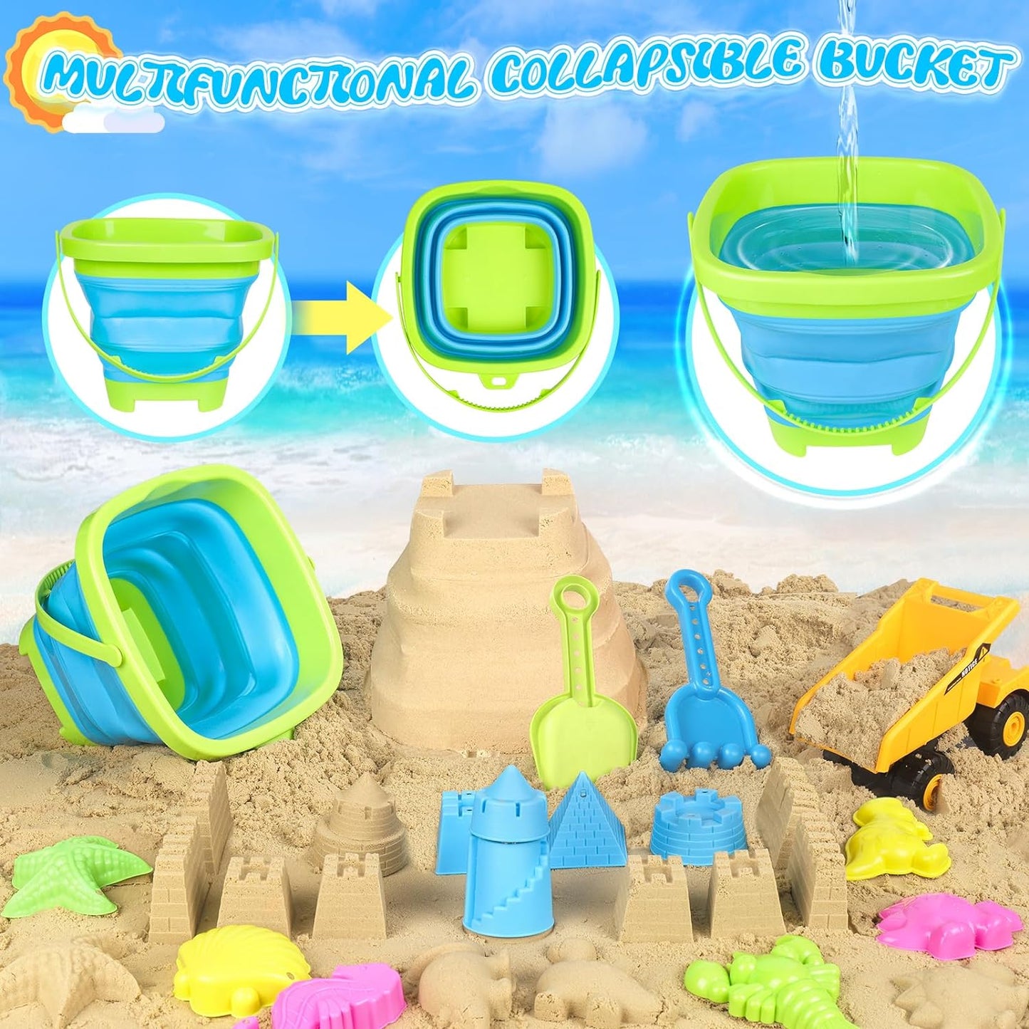 Beach Toys, 19Pcs Sand Toys, Sandbox Toys with Dump Truck, Collapsible Sand Bucket, Sand Castle Toys, Animal Dinosaur Molds, Shovel Set, Mesh Bag, Travel Toys for Kids Toddlers Boys Girls