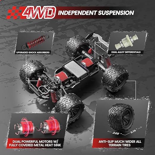 Off-Road Monster Truck RC Cars, Power Full Stunt cars, Speed Turns Drifting RC Cars, 1:16 Scale All Terrain RC Car, 4x4 High Speed 40 KPH RC Truck, 2.4Ghz Remote Control Truck with 2 Batteries - Toyigo