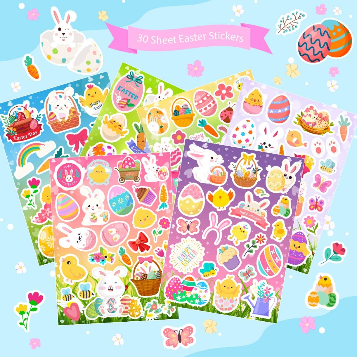 30 Sheets Easter Stickers, Easter Stickers for Kids, Easter Egg Stickers, Easter Bunny Stickers for Party Favors