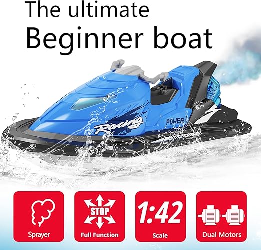 RC Jet SKI Boat, 2.4G Remote Control Boat for Pools & Lakes, Toy Boat Battery/Dual Motors/Low Power Prompt/Waterproof, Boats for Kids & Adults with Spraying Function In (Blue, Green, Red) - Toyigo