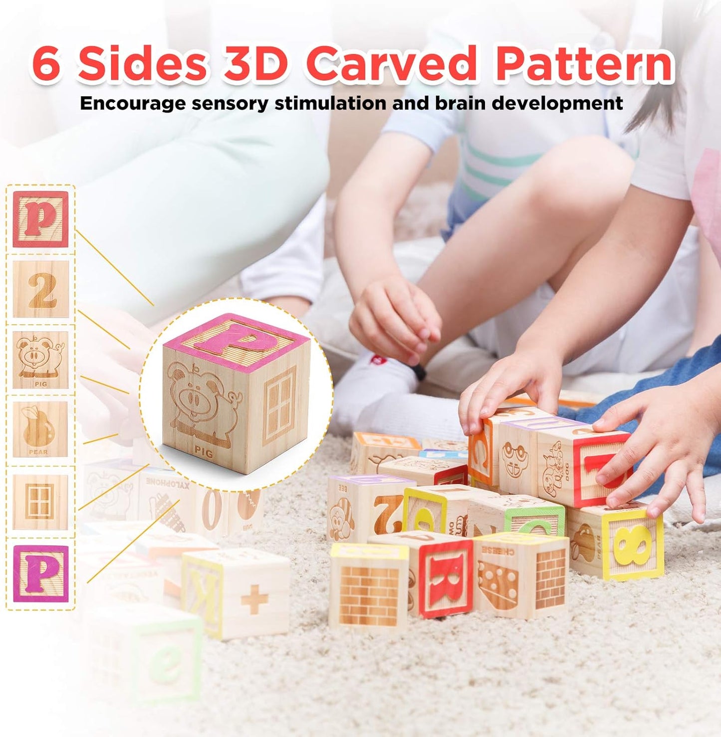 Wooden ABC Blocks 40PCS Stacking Blocks Baby Alphabet Letters, Counting, Building Block Set with Mesh Bag for Toddlers