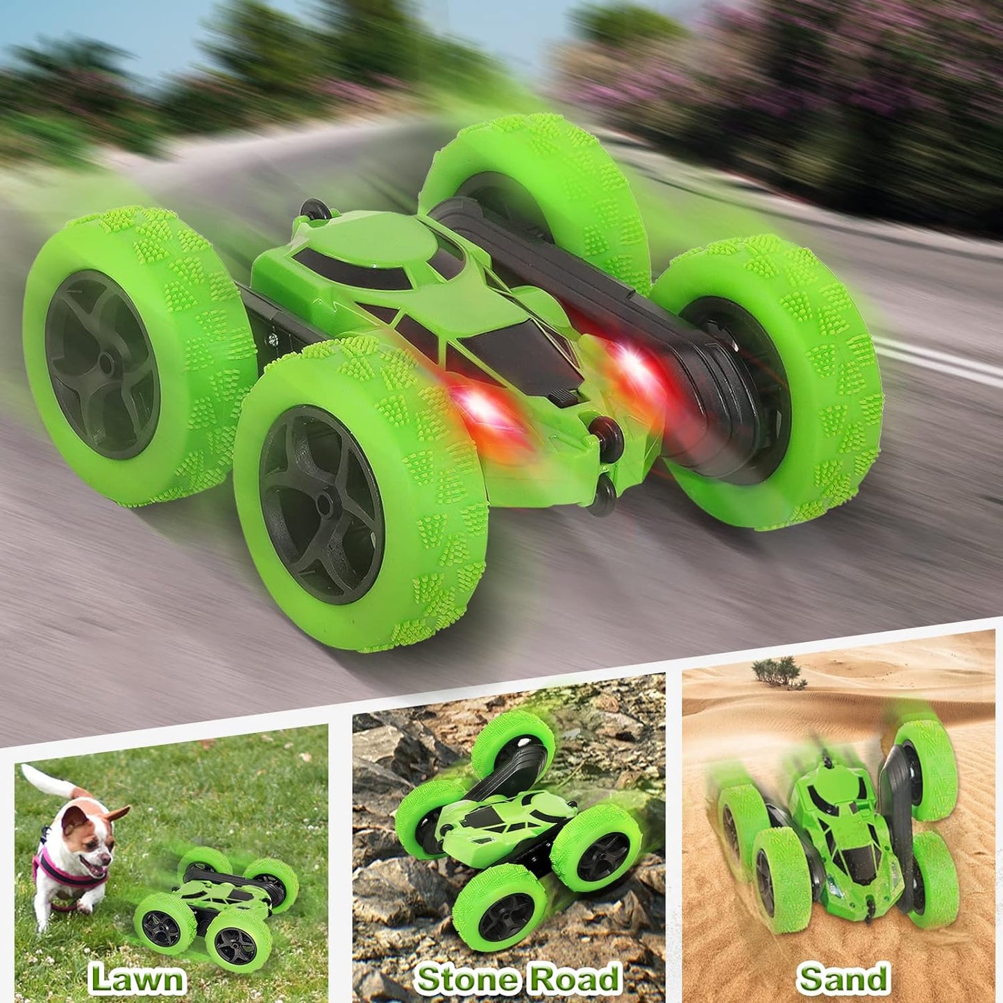 Remote Control Car, RC Race Car Toy, Stunt RC Cars, 90 Min Playtime, 2.4Ghz Double Sided 360ø Rotating RC Crawler with Headlights, 4WD Off Road Drift RC Race Car Toy for Boys and Girls Aged 6-12 Green, Blue - Toyigo