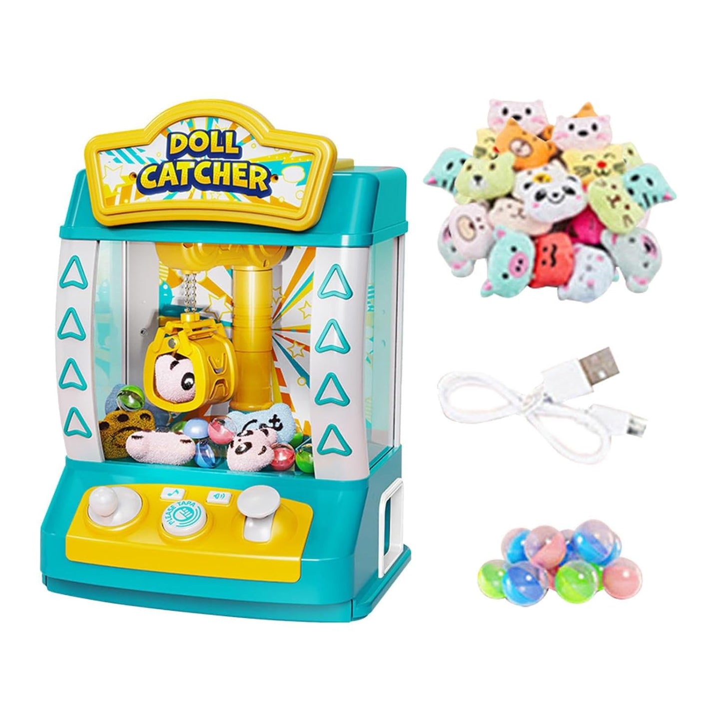 Claw Machine Candy Dispenser Toy, Electronic Mini Arcade Game for Kids and Adults, Green with 4 Plush Dolls and 6 Balls for Home Fun