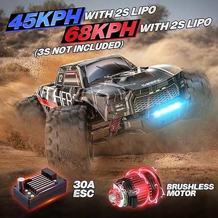 Remote Control 70kph 4X4 Off-Road Truck, RC Car Electric Large Truggy for Snow Sand, 7 Lighting Modes Remote Control with 2 Li-ion Batteries Hobby Cars - Toyigo