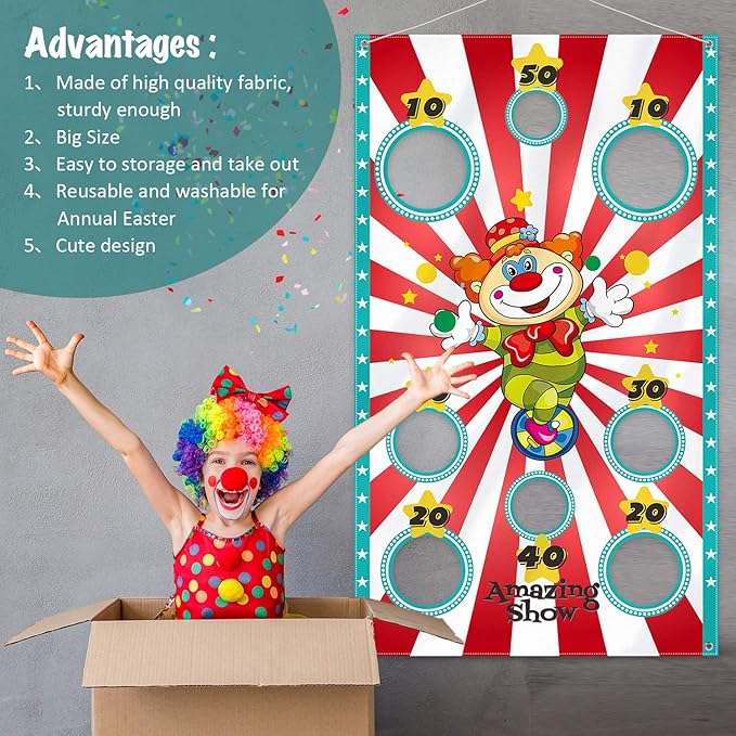 Carnival Games for Kids, Circus Games for Kids Party, Carnival Clown Toss Game Banner with 3 Bean Bags for Kids and Adults, Carnival Party Activities Carnival Party Decoration Supply Set