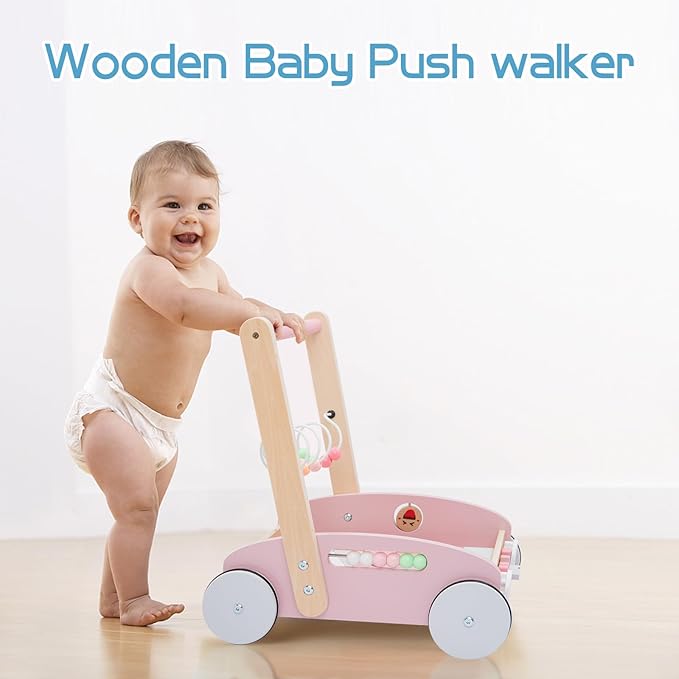 Wooden Baby Walker, Push Toys for Babies Learning to Walk, Shopping Cart for Kids Garden Wagon and Play Set with Abacus Blocks, Push and Pull Learning Walking Educational Gift for Toddler Boy