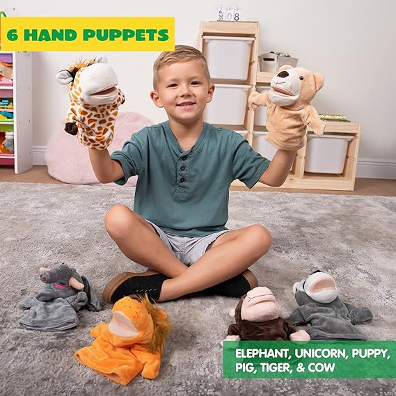 6Pcs Kids Hand Puppet Set with Working Mouth, Toddler Animal Plush Toy Includes Elephant, Giraffe, Lion, Bear, Raccoon and Monkey for Show Theater, Birthday Gifts, Easter Basket Stuffers