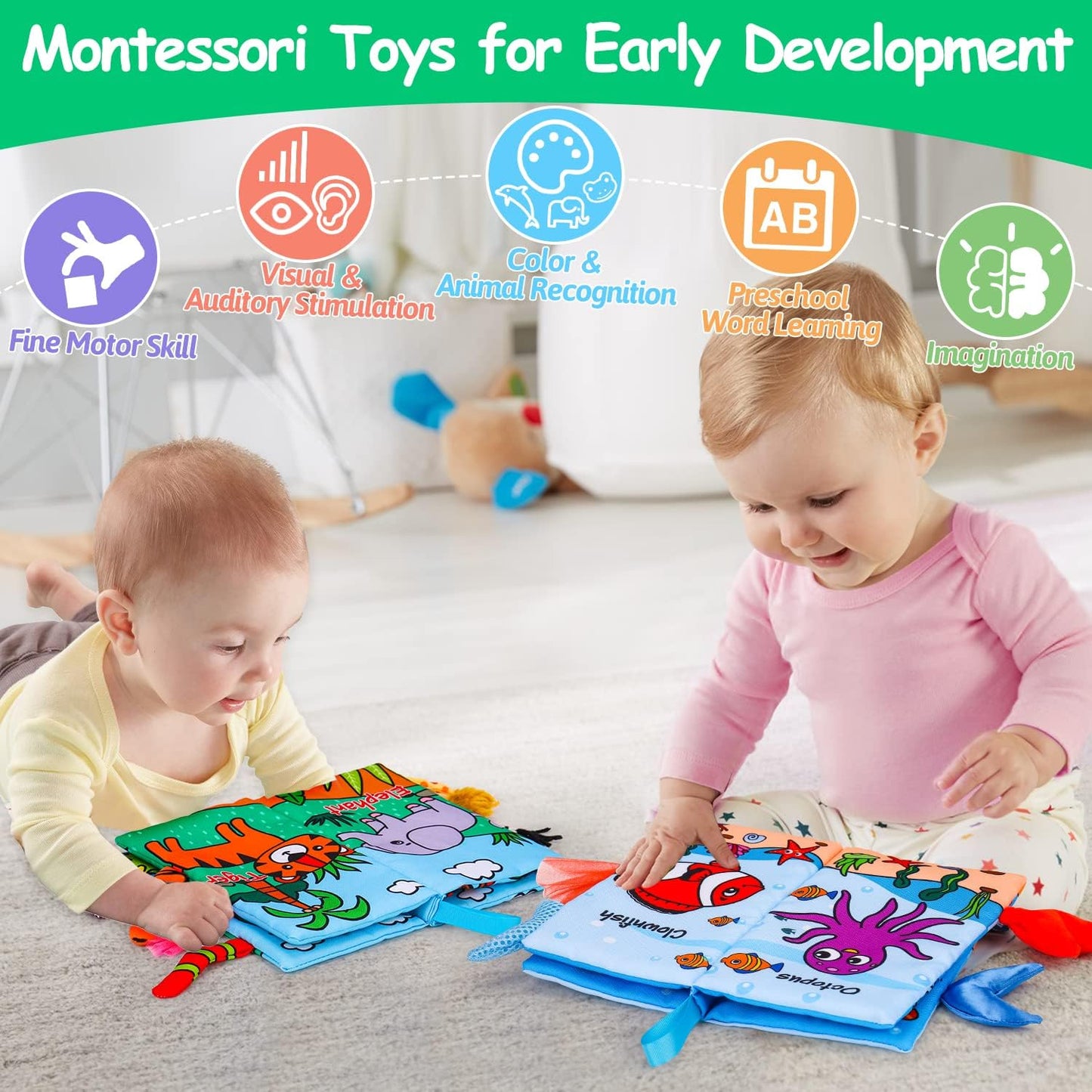 2 PCS High Contrast Crinkle Baby Books, 0-6 Months Interactive Sensory Baby Toys, 9-12 Month Montessori Activities Touch Feel Infant Book, 0-3-6 Month Car Seat Travel Essentials Newborn Development Gift - Toyigo