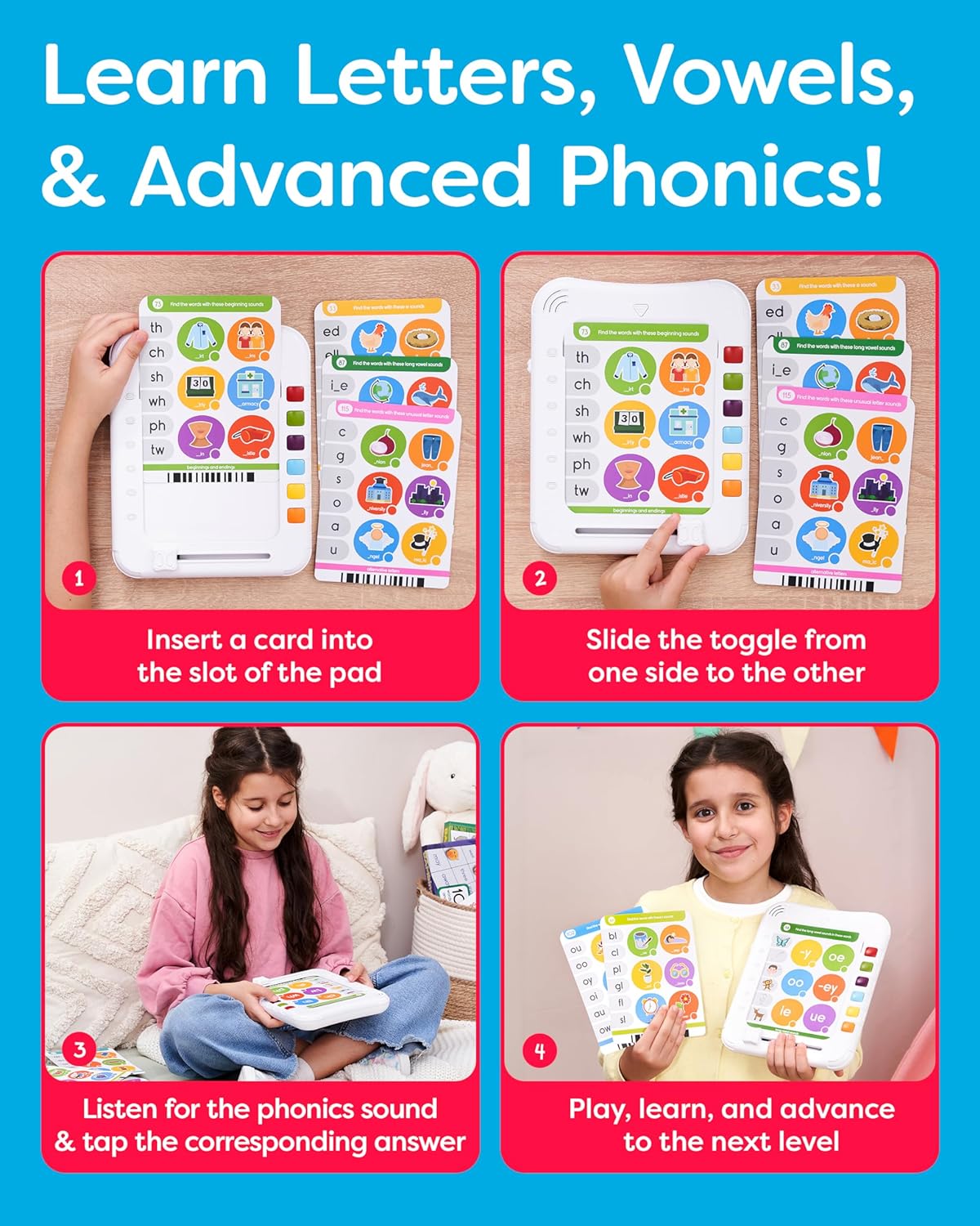 Phonics Learning Pad, Electronic Phonics Reading Toys, Vowels and Consonant Blends Learning Game, Learn to Read in 720 Phonic and Letter Sound Questions  Ages 5-11 for Kids Adults