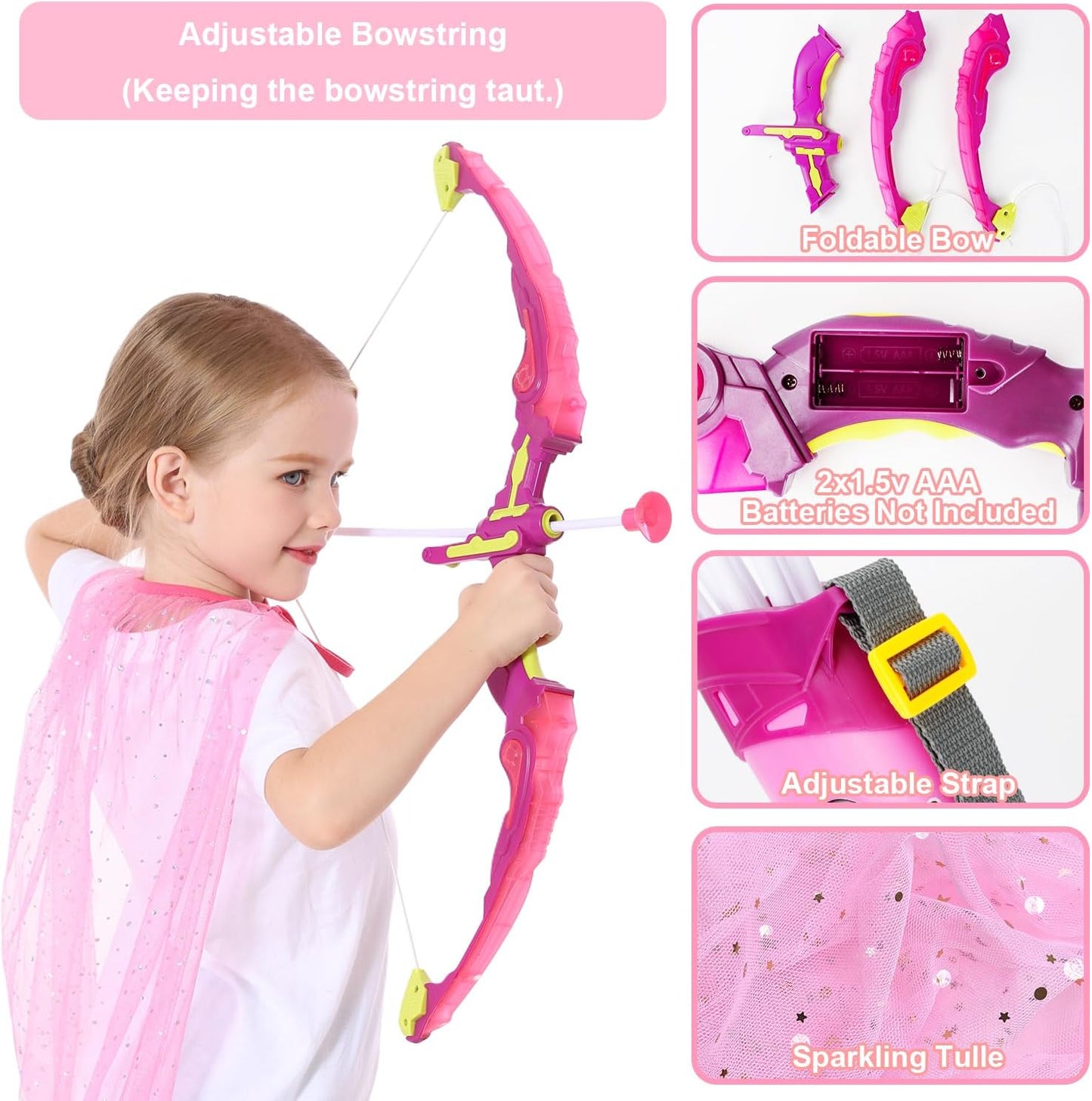 Kids Bow and Arrow Set, LED Light Up Archery Set, Princess Toys with Cape and Crown, 10 Suction Cup Arrows, Bow and Arrow, Indoor and Outdoor Kids Girl Toys for 3 4 5 6 7 8 Year Old