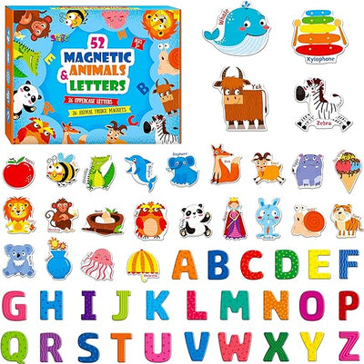 Large Magnetic Letters and Animals, Educational Learning Tool for Kids, Word Recognition 52 Pieces Magnets Include 26 Colorful Alphabet, Letters and Corresponding Cartoon (Images)