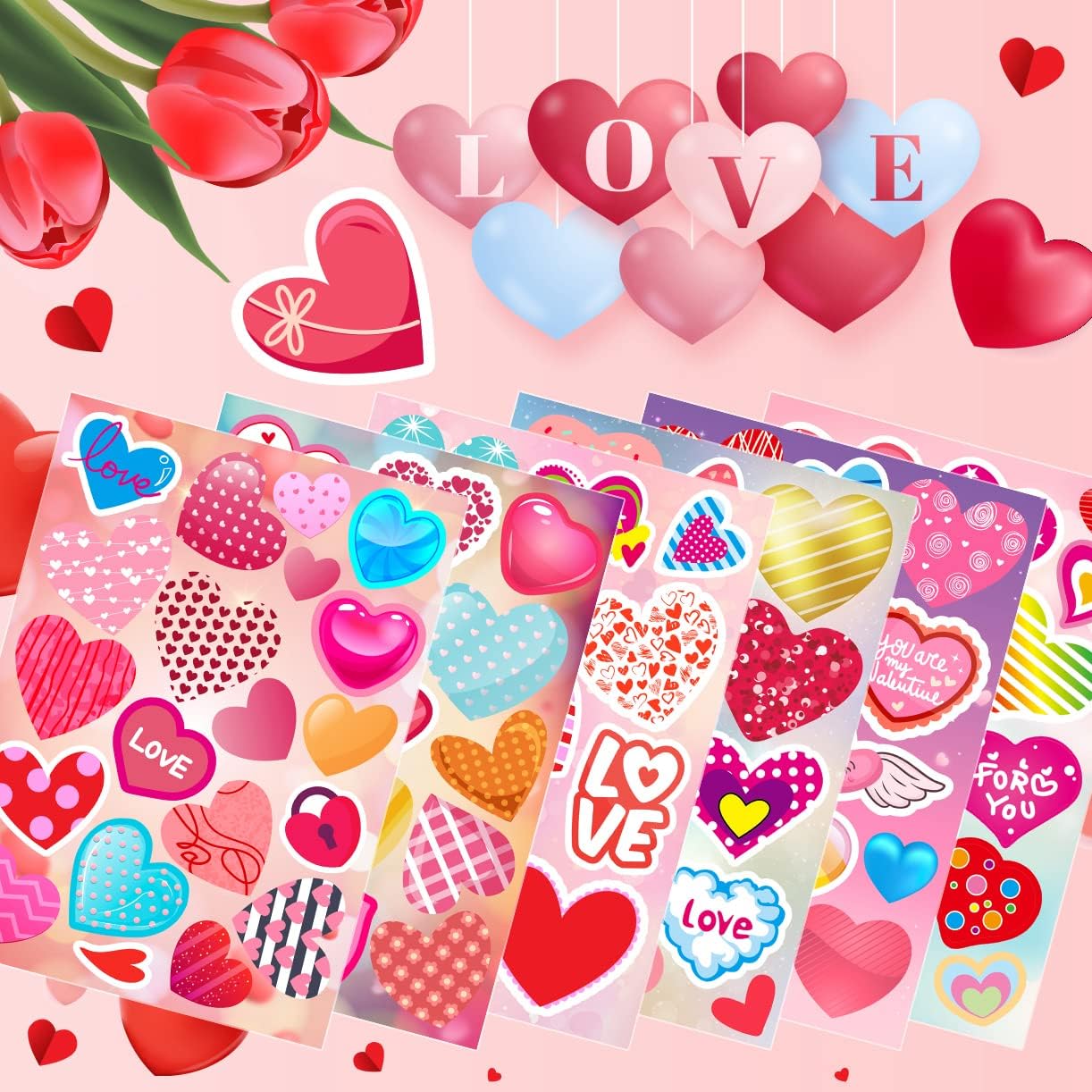 30 Sheets Valentine Stickers, 490PCS Heart Stickers, Valentine Stickers for Kids, Valentines Crafts Party Favors for Kids, Valentines Day Stickers