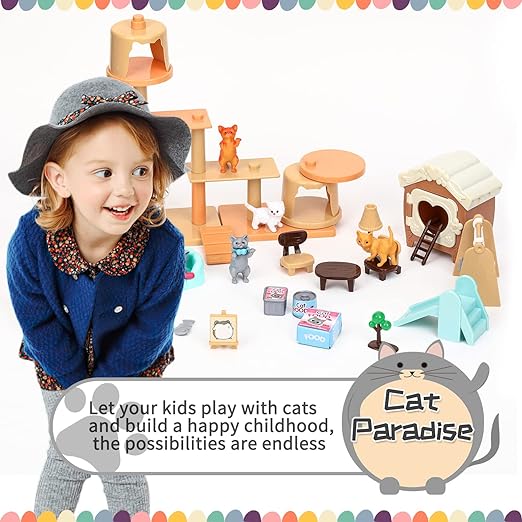 43-Piece Cat Figurine Playset , Realistic Pet Care Center Role Play Toys for Kids, Toddlers, Boys and Girls