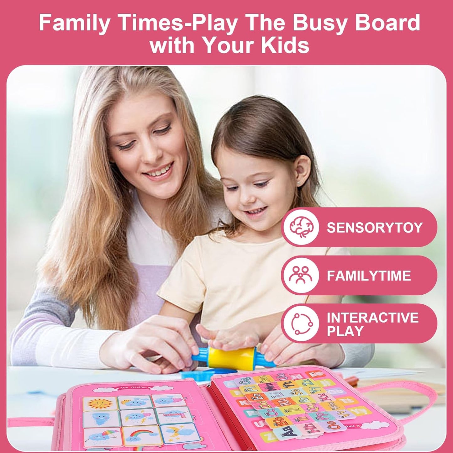 Busy Board Montessori Toy, 1 2 3 4 Years Old, Educational Activity Preschool, Learning Sensory Board, Fine Motor Skills Toys, Travel Toys for Plane Car, Gift for Toddler Boys Girls (Pink)