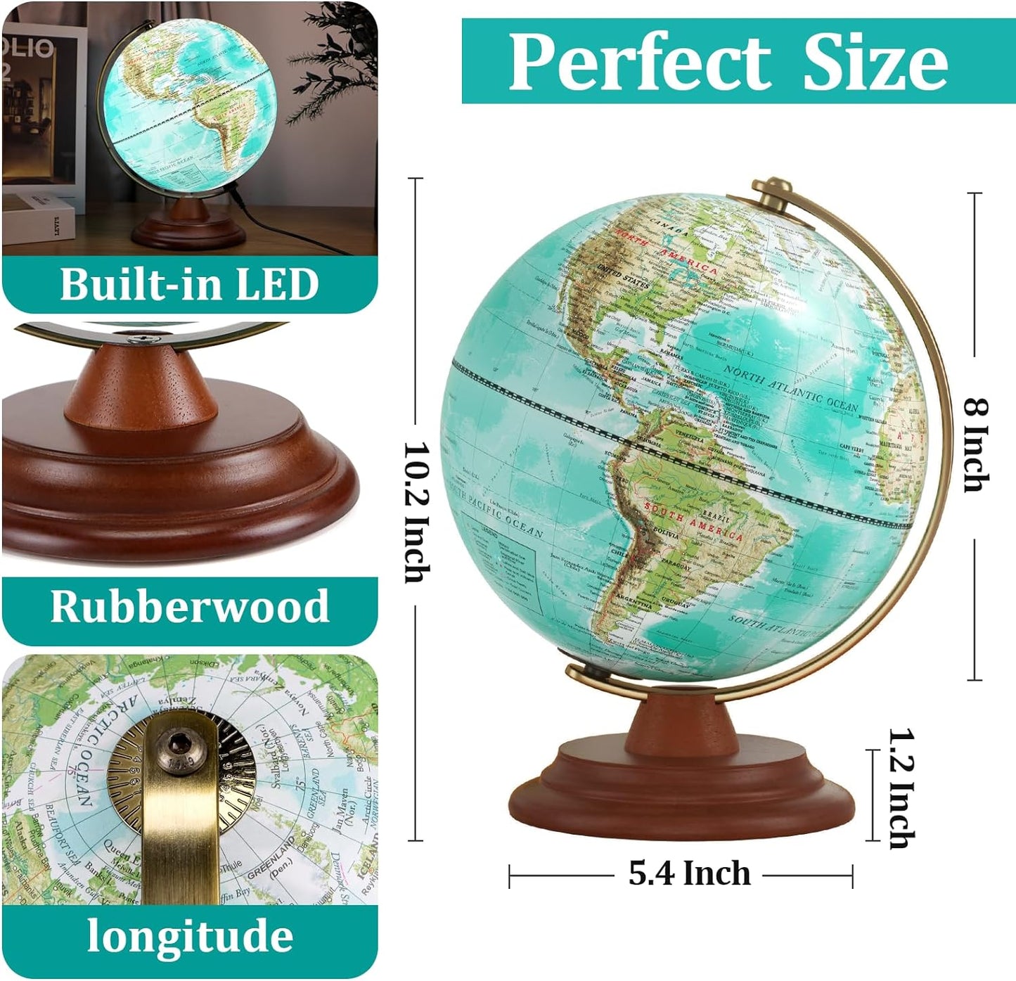 Illuminated Globe of the World, Wooden Stand, 8'' World Globe for Kids & Adults', Learning Built-in LED Night Light, Home Office Classroom Decor Geography Gifts