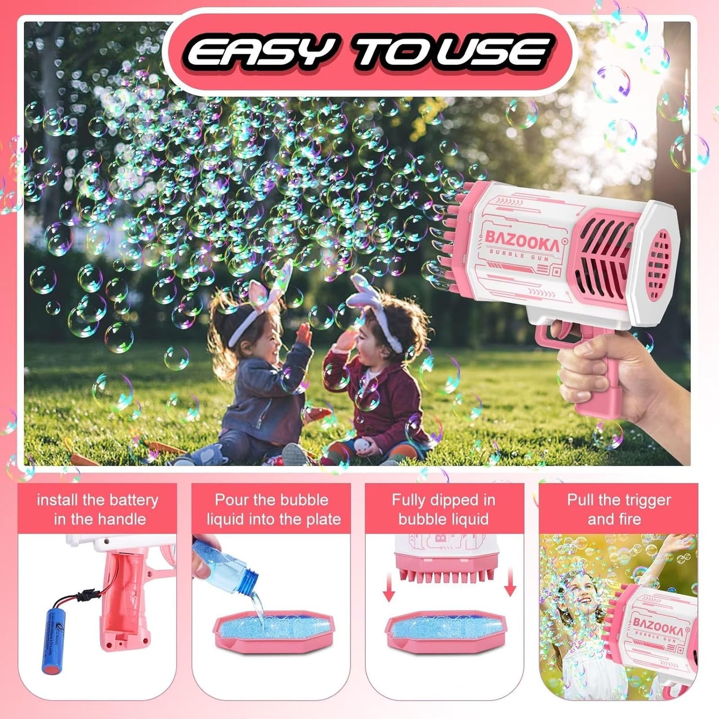 Bubble Machine Gun, 69 Holes Bubble Gun with Lights, Pink Outdoor Summer Beach Kids Bubbles Toys, Birthday Wedding Party Fun Gifts for Girls Boys