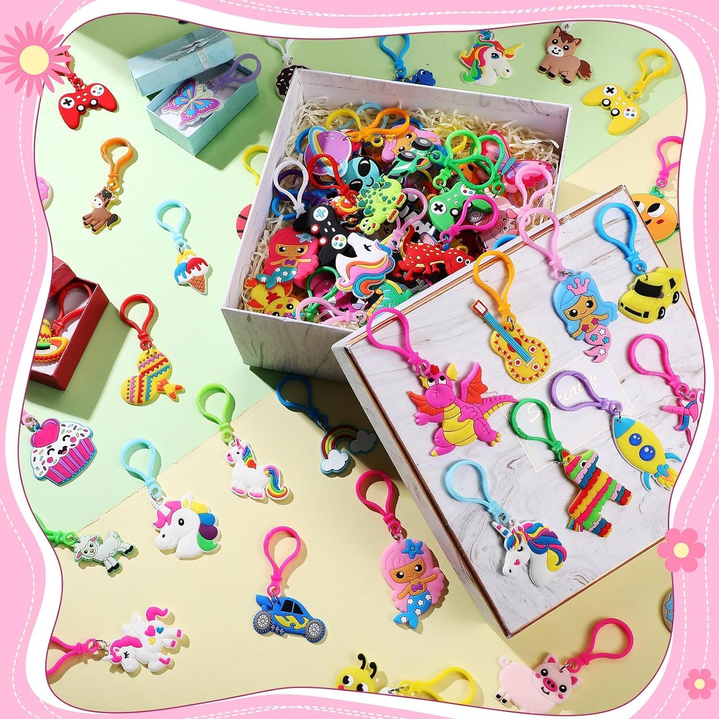 200 Pcs Cute Keychains Bulk Kids Party Favors Keychains Unicorn Keychains Cartoon Keychain for Kids Adults Halloween Birthday Christmas Party Supplies School Gift Keychains (Adorable Style)