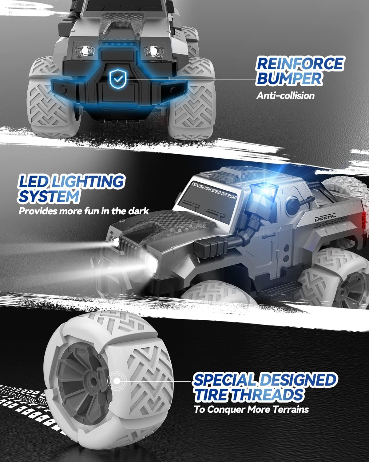 Remote Control Truck, Remote Control Jeep Car, Monster Trucks for Boys, All Terrain SUV Rock Crawler, with Snorkel Spray & Integrated LED Lights, Toy Vehicle for Kids and Adults, 60+ Mins - Toyigo