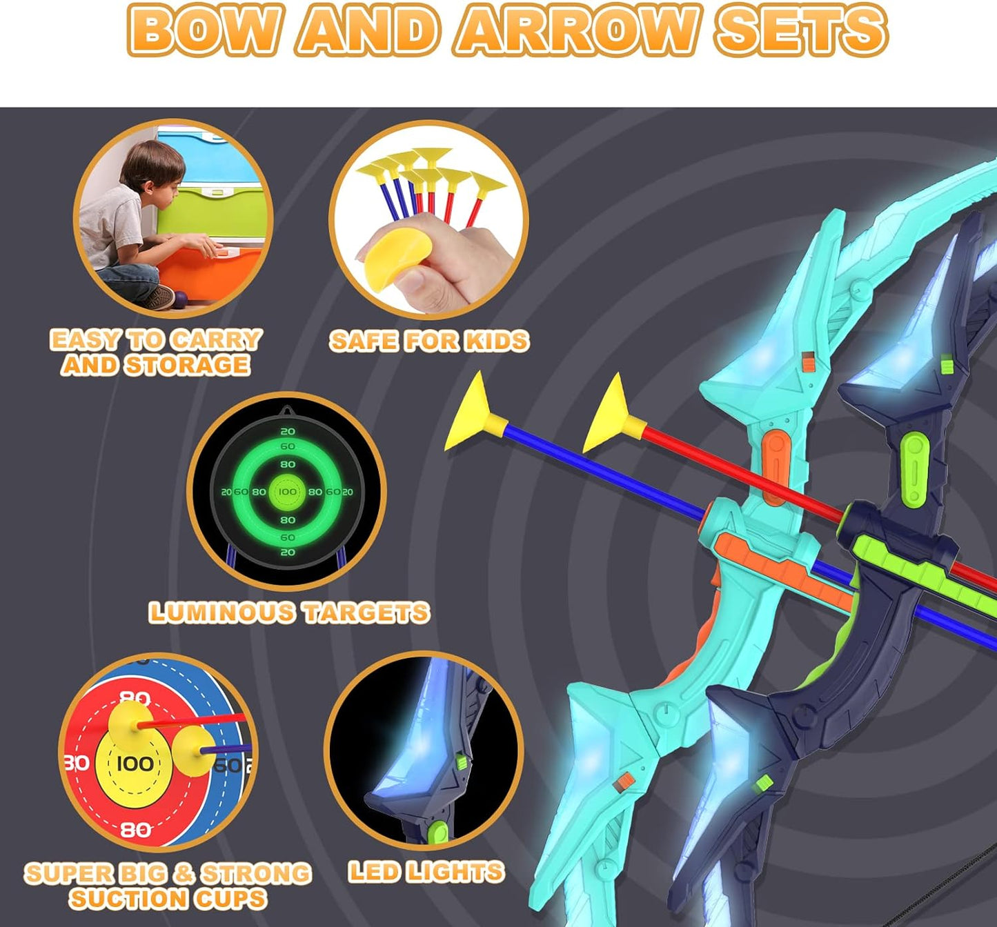 Bow and Arrow Set with LED Flash Lights, 2 Pack Kids 14 Suction Cup Arrows and Fluorescence Standing Target-Perfect Indoor and Outdoor Archery Set Toy Gift for Boys and Girls Ages 4-12