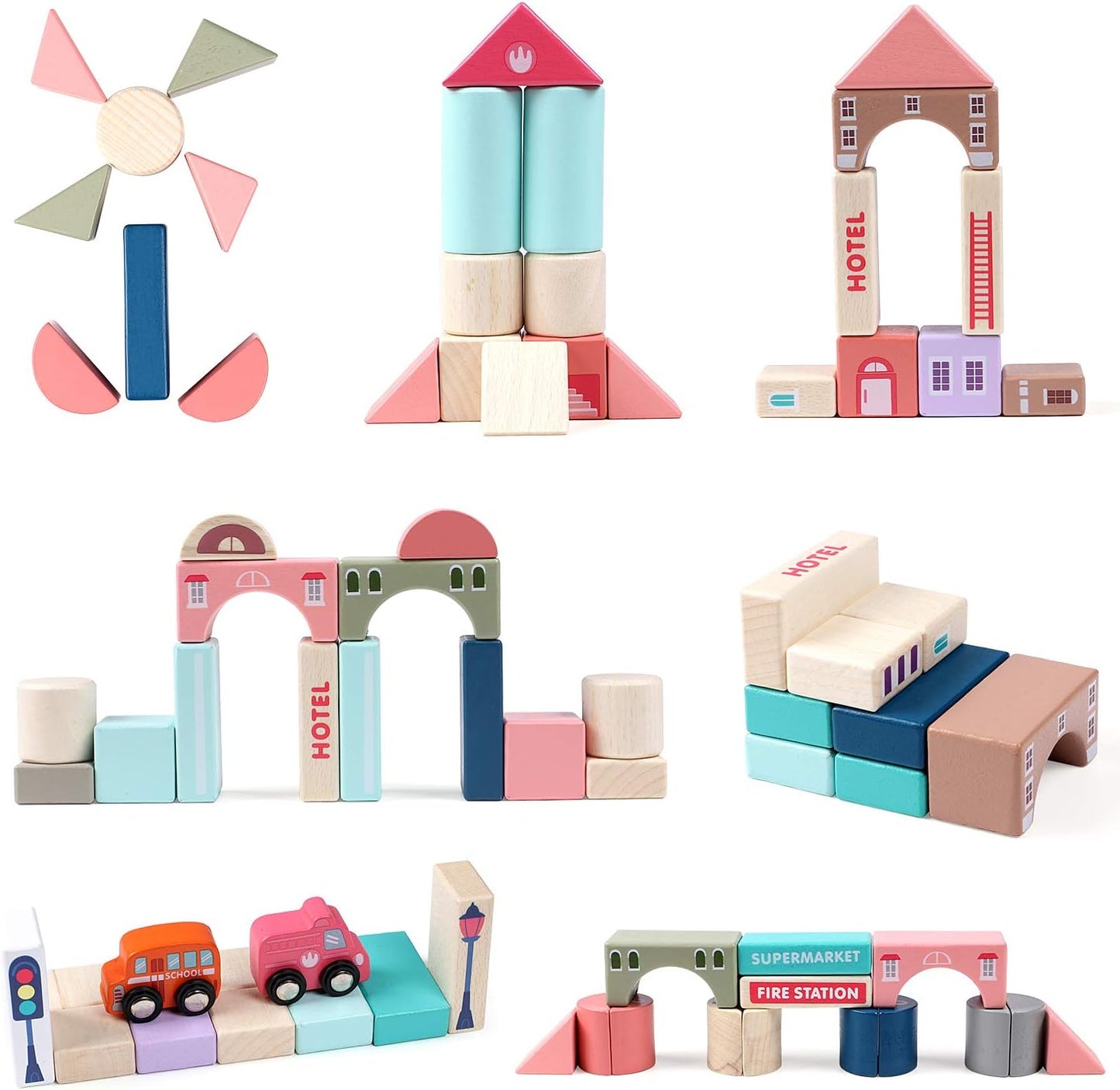 115 PCS Wooden Building Blocks, City Map Construction Building Sets, City Building Blocks Stacking Blocks, Preschool Educational Learning Toys for 3 4 5 6 Years Old Kids Boys Girls