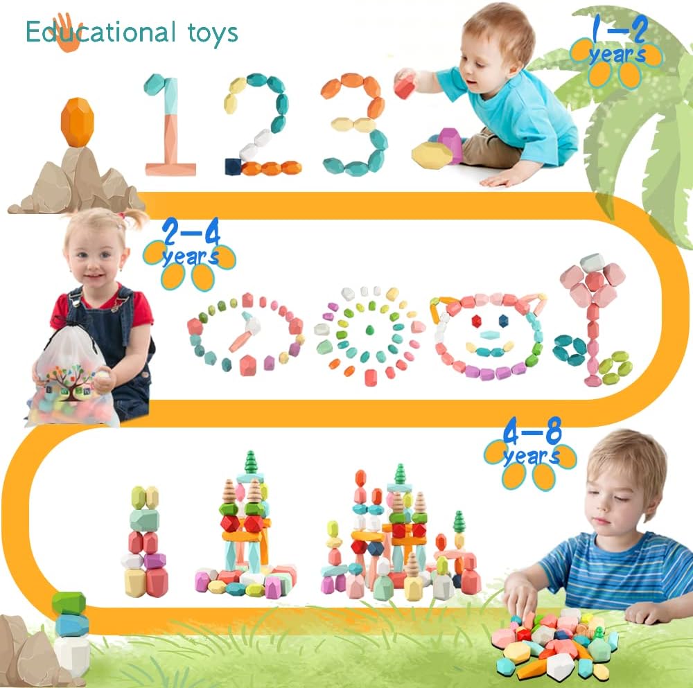 Wooden Stacking Building Blocks, 48PCS Montessori Toys 1 2 3 4 5 6 Year Old Girls Boys Preschool Educational Sensory Toys for Toddlers 1-3 STEM Learning Toys Ages 2-4 Kids Games Gift