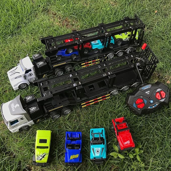 Transporter Truck, Remote Control Car Transporter Truck Includes 4 Cars, 1:48 Mini RC Toy Semi Truck Trailer with 2pcs Rechargeable Batteries, Carrier Car Truck Vehicle with Lights for Kids - Toyigo