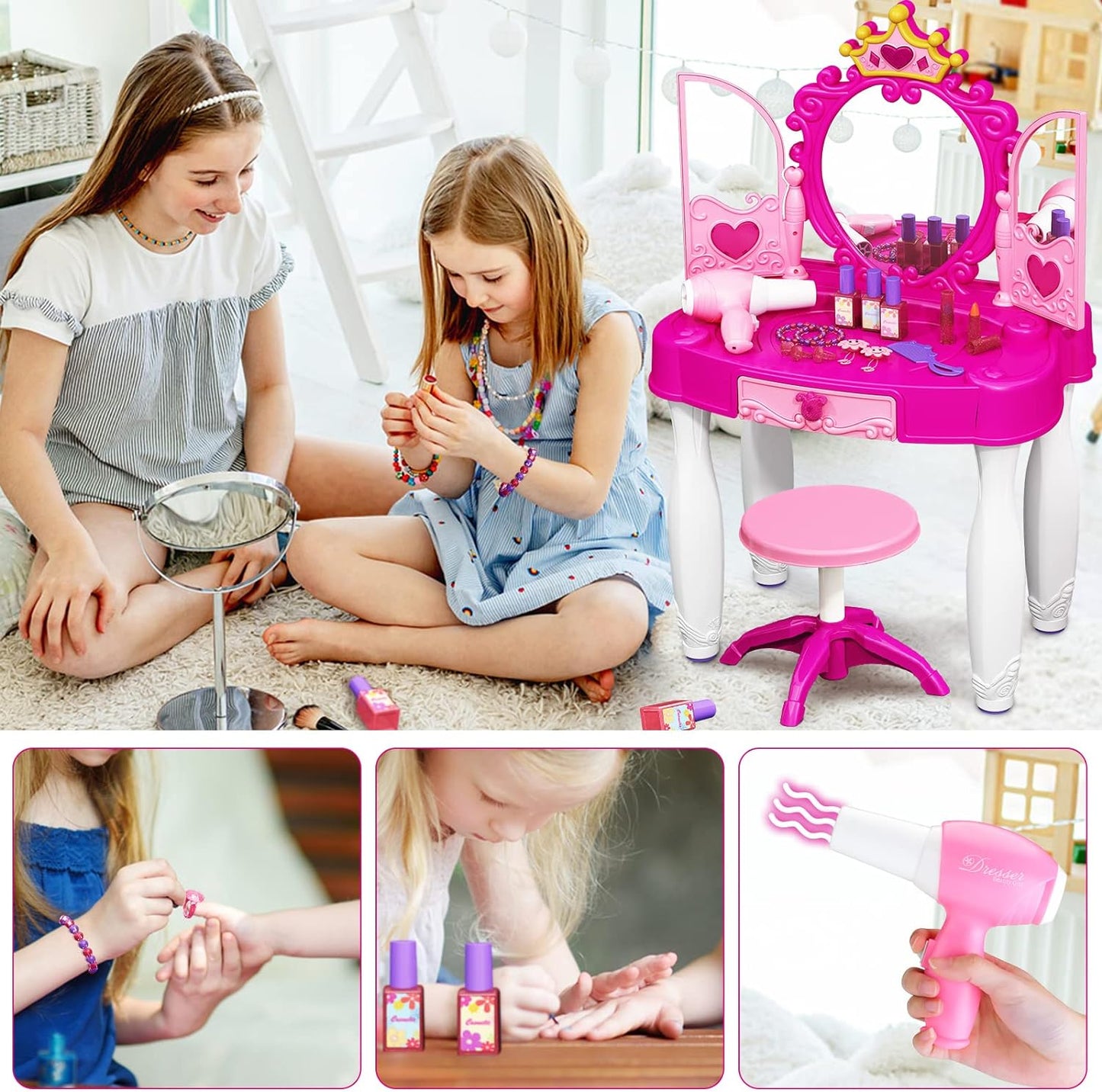 Toddler Makeup Table with Mirror and Chair, Kids Makeup Vanity Set with Accessories and Lights,  Music Sound for Girls, Toddlers 3-5 Years Old