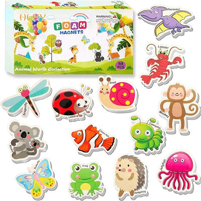 Refrigerator Magnets for Kids 64 PCS Animals Magnets Toys, Dinosaurs Insect Ocean Sea Animal Magnets, Foam Animal, Fridge Magnets for Toddlers Educational Toy for Preschool Learning