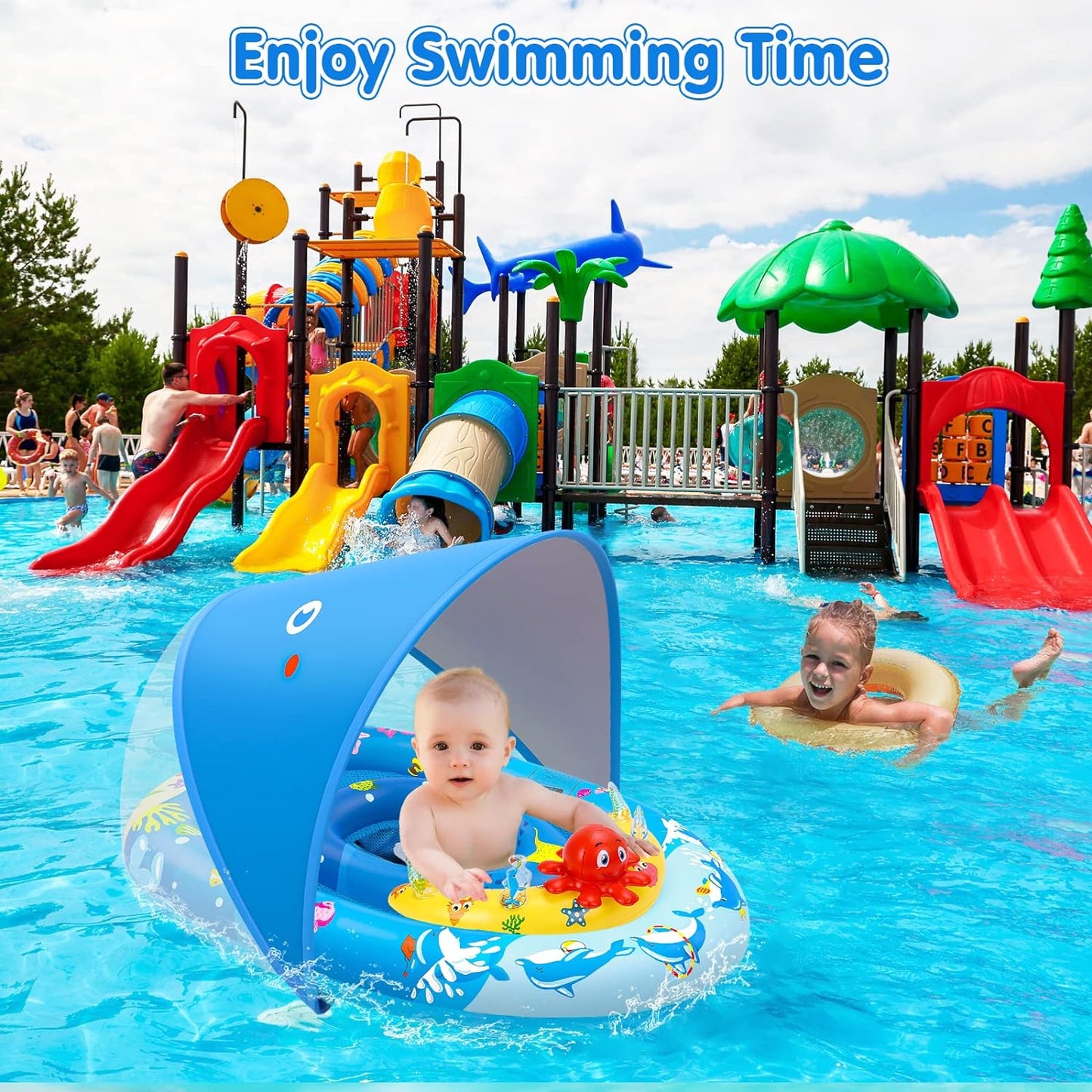 Baby Pool Float with Canopy UPF50+ Sun Protection, Inflatable Pool Float with Ocean Animal Toys for Babies 6-36 Months, Infant Swimming Float with Adjustable Safety Seat Boys Girls for Kids Toys