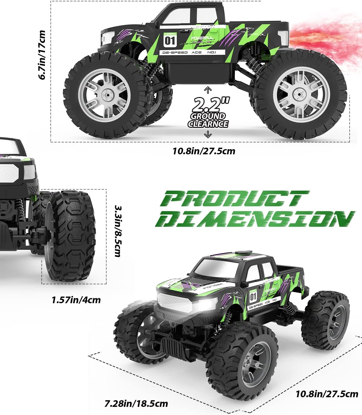 Remote Control Car, Remote Control Car, with Fog Mist & Lights, 1:16 Monster Trucks for Boys, 2.4Ghz RC Car Toy, 70+ Min Play, 4WD Remote Control Car with Fog Mist & Lights, Toy Vehicle for Kids and Adults - Toyigo