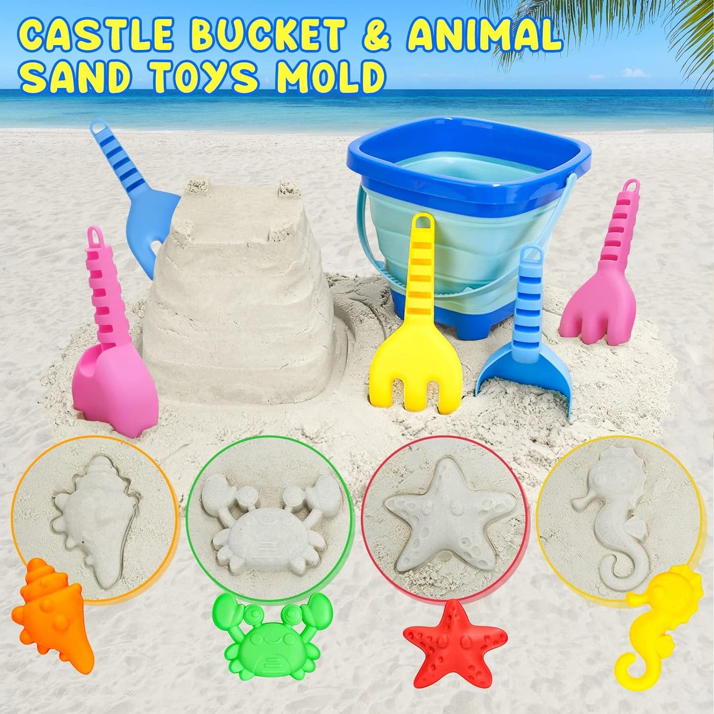 Beach Toys, Collapsible Sand Castle Toys for Beach Include 3 Pack Foldable Buckets, Shovels Molds and Storage Mash Bag for Kids 3-10, Sandbox Travel Toys for Toddlers Kids