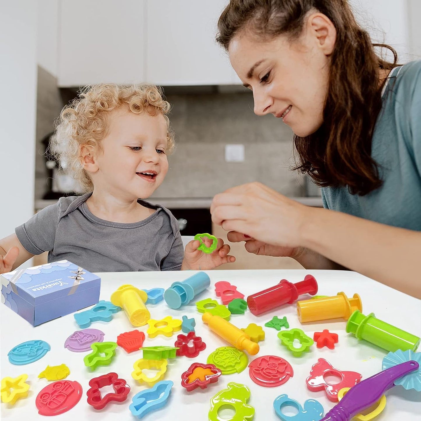 Dough Tools Play for Kids, Toy Set Accessories with Stamps, Cutter Rolling Pin Extruder,, Molds and Storage Box Pary, Favors Set for Age 2-8