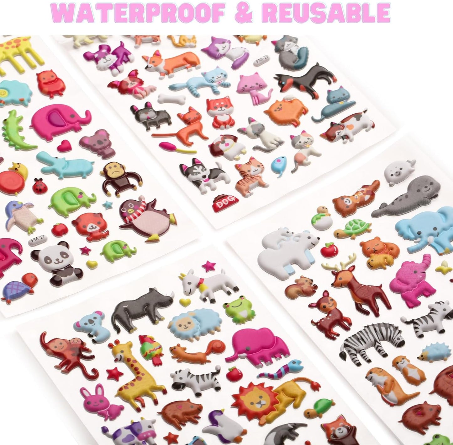 3D Puffy Stickers, Resuable Sticker for Toddler, Boys, Girls 4 Sheets for Kids, Mother Child Animals, Dogs, Cats, Elephant, Giraffe, Monkey, Sheep, Panda, Koala, Rabbit (Zoo)