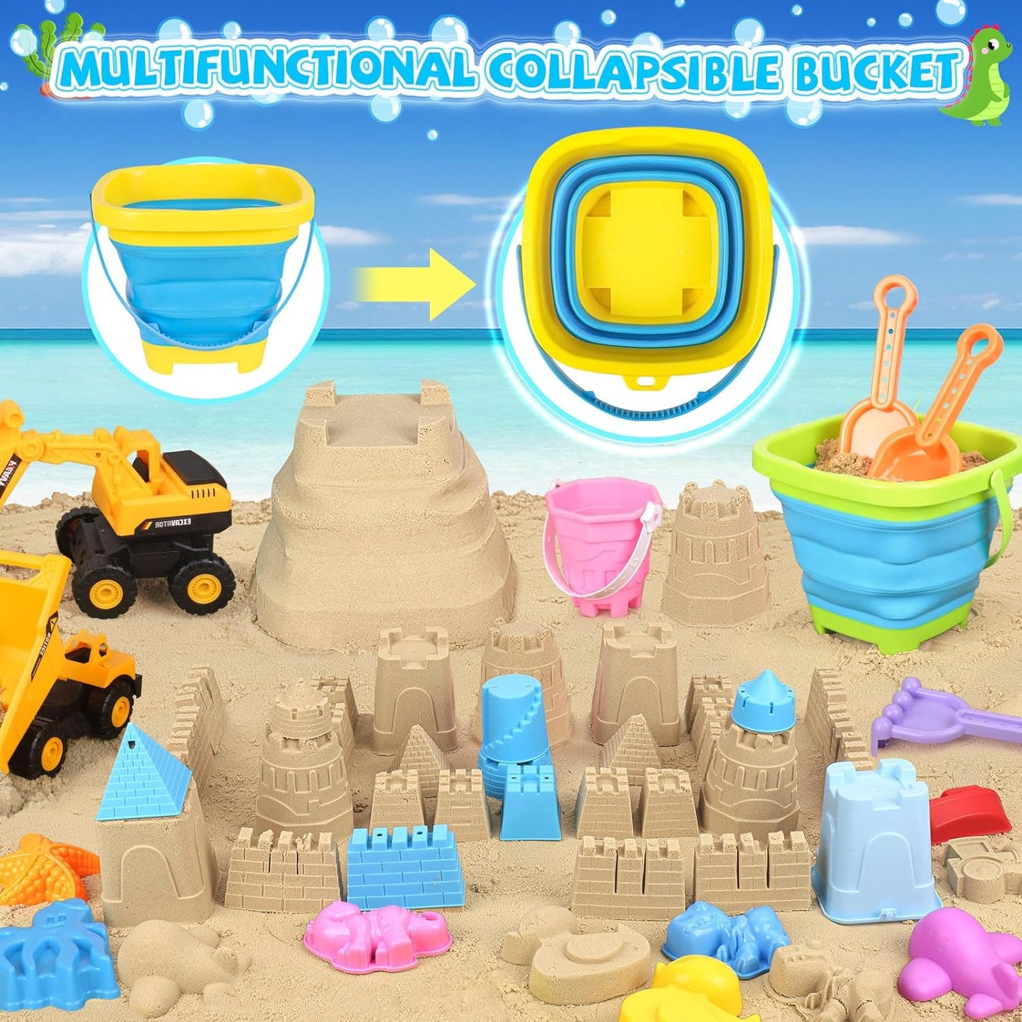 Beach Toys, 35Pcs Sand Toys, Sandbox Toys with 3 Truck 3 Collapsible Beach Bucket, Sand Castle Toys Kit, Animal Dinosaur Molds, Shovel Set, Mesh Bag, Travel Toys for Kids Toddlers Boys Girls