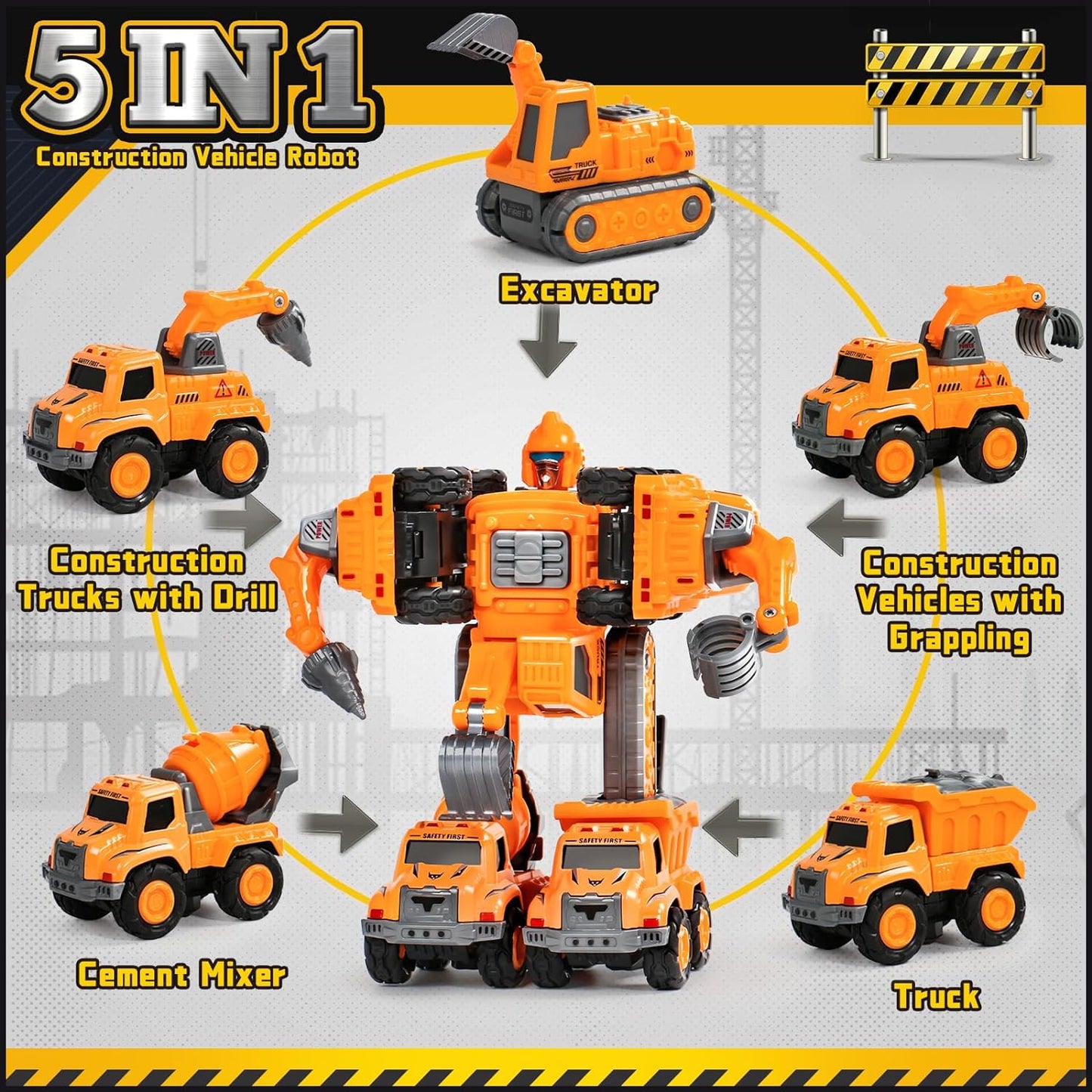 Transforming Robot Toys, Construction Vehicle 5 in 1 Transform Toys, for 3 4 5 Year Old Boys Action Figures Set Building STEM Car Toys, for Age 4-6 5-7 Year Old Boy Birthday Gift Stuffers