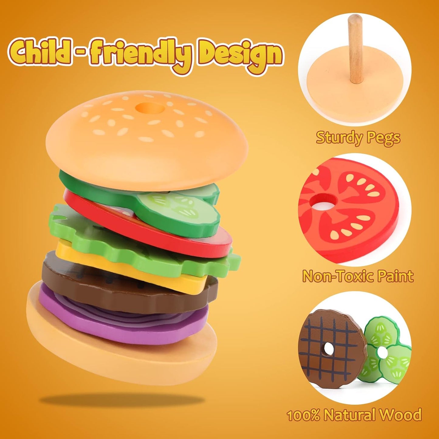 Montessori Stacking Toys, Educational Learning Toy, Wooden Burger for 3 Year Old Toddlers, Fine Motor Skill Development, Toddler Stacking Toy - Toyigo