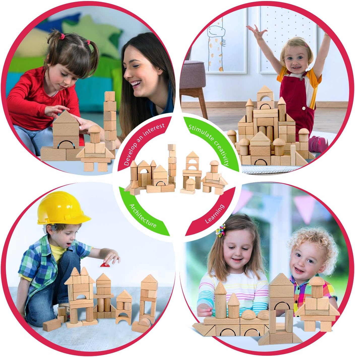 Wooden Building Blocks Set, Stacker Stacking Game Construction Toys Set Preschool Colorful Learning Educational Toys - Geometry Wooden Blocks for kids 3+ Year Old Boys & Girls