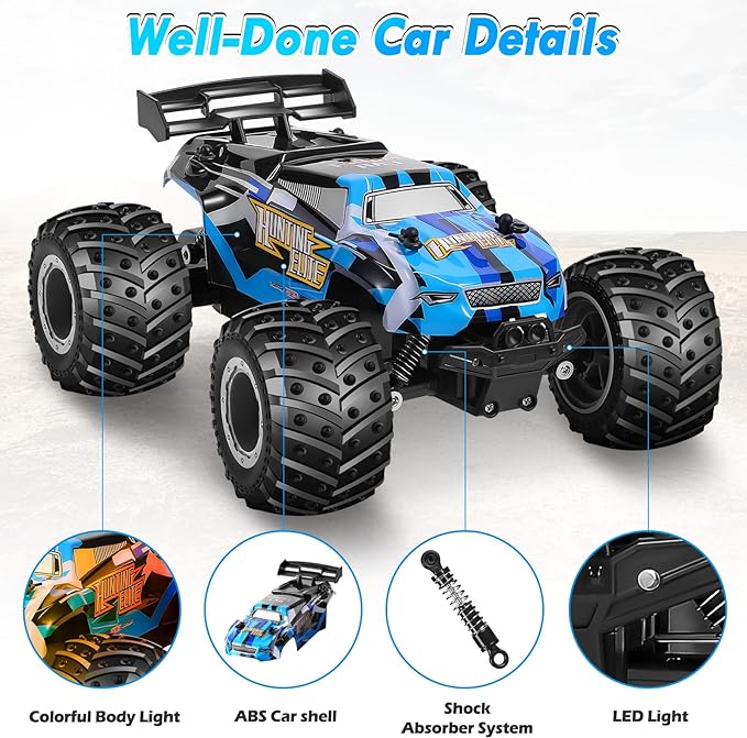 Monster Truck, Remote Control Truck, 2.4Ghz All Terrain Off-Road Monster Truck, Remote Control Car, 20 KM/H Rc Cars with LED Bodylight and 2 Rechargeable Batteries Kids Toys for Boys Age 4-12 - Toyigo