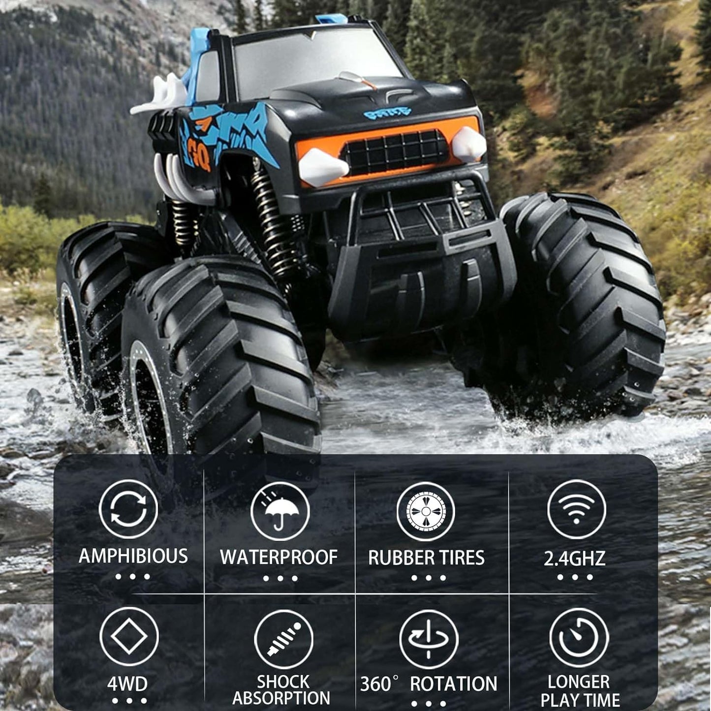 Remote Control Monster Trucks for Boys 8-12, 1:16 Amphibious RC cars for Kids 4-7, Waterproof 4x4 All-Terrain 4WD Off-Road RC Car, Remote Control Amphibious Vehicles for Children, RC Car Gifts for Boys/Girls Age 3-5 - Toyigo