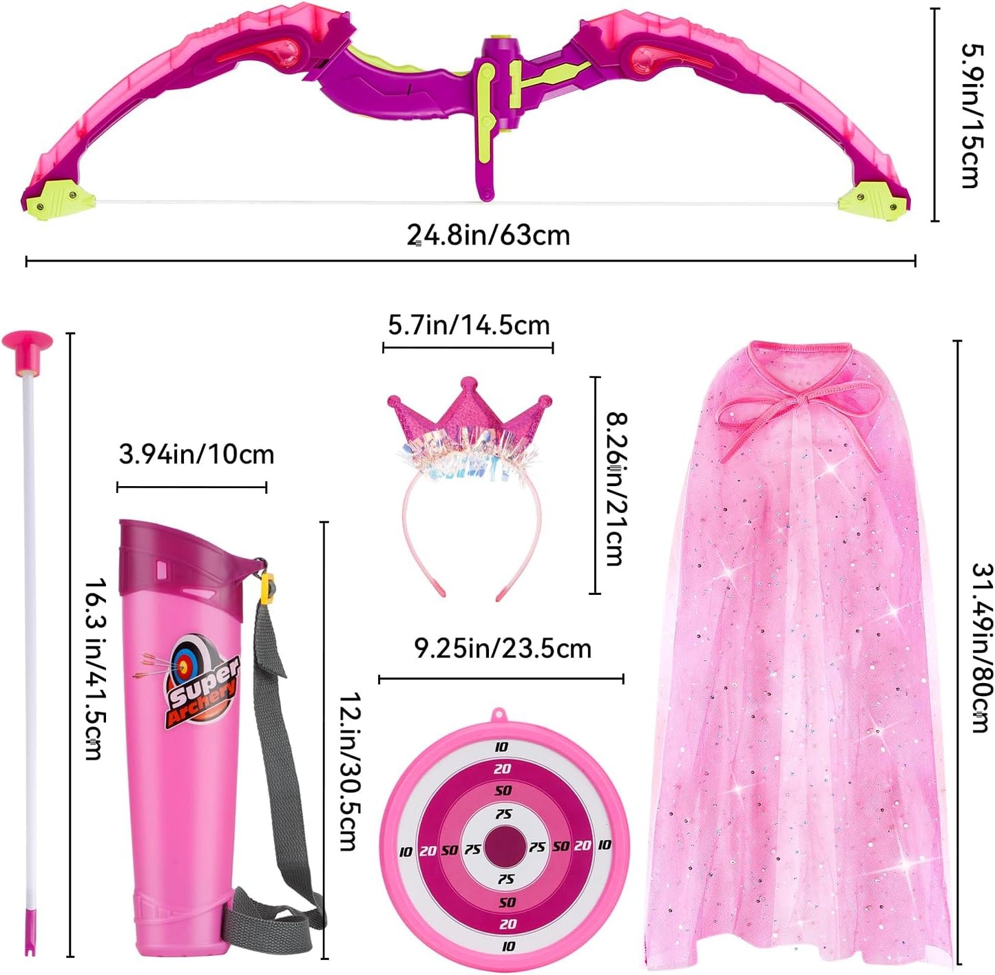 Kids Bow and Arrow Set, LED Light Up Archery Set, Princess Toys with Cape and Crown, 10 Suction Cup Arrows, Bow and Arrow, Indoor and Outdoor Kids Girl Toys for 3 4 5 6 7 8 Year Old